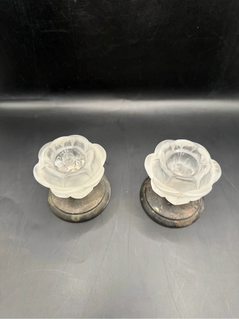 Pair Frosted Glass Flower Tealight Candle Holders Vintage Style